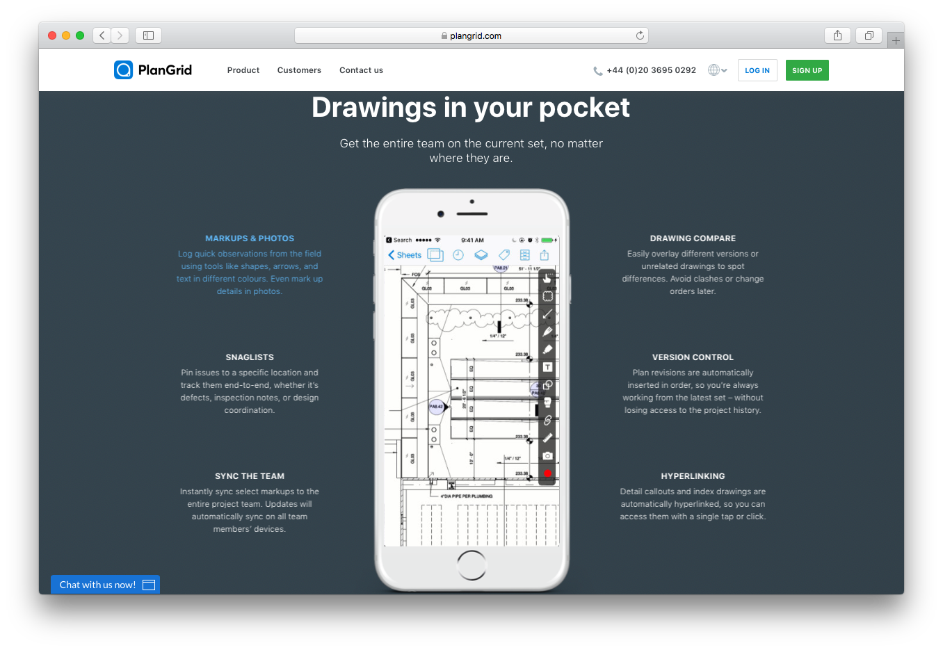 PlanGrid markups photos snag lists sync team version control hyperlinking compare drawing