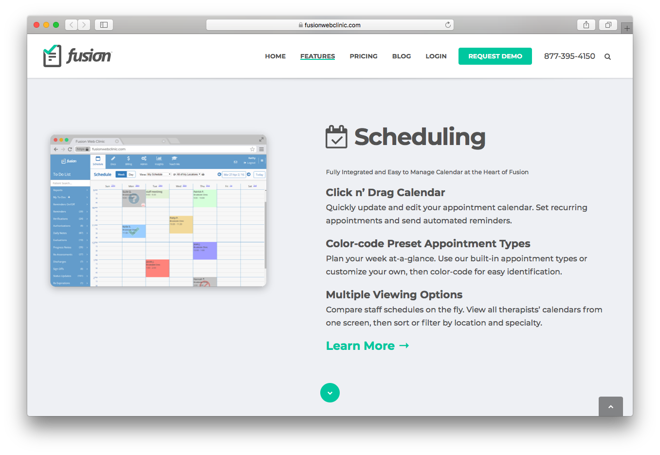 Fusion Web Clinic scheduling integrated calendar click drag color code preset appointment 