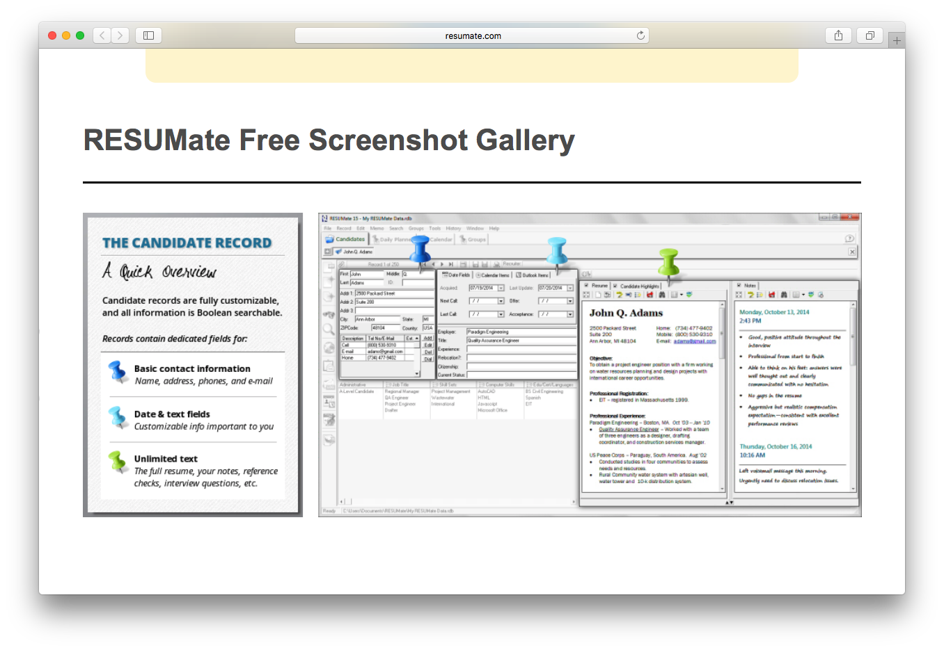 RESUMate candidate record basic contact information date text fields unlimited text