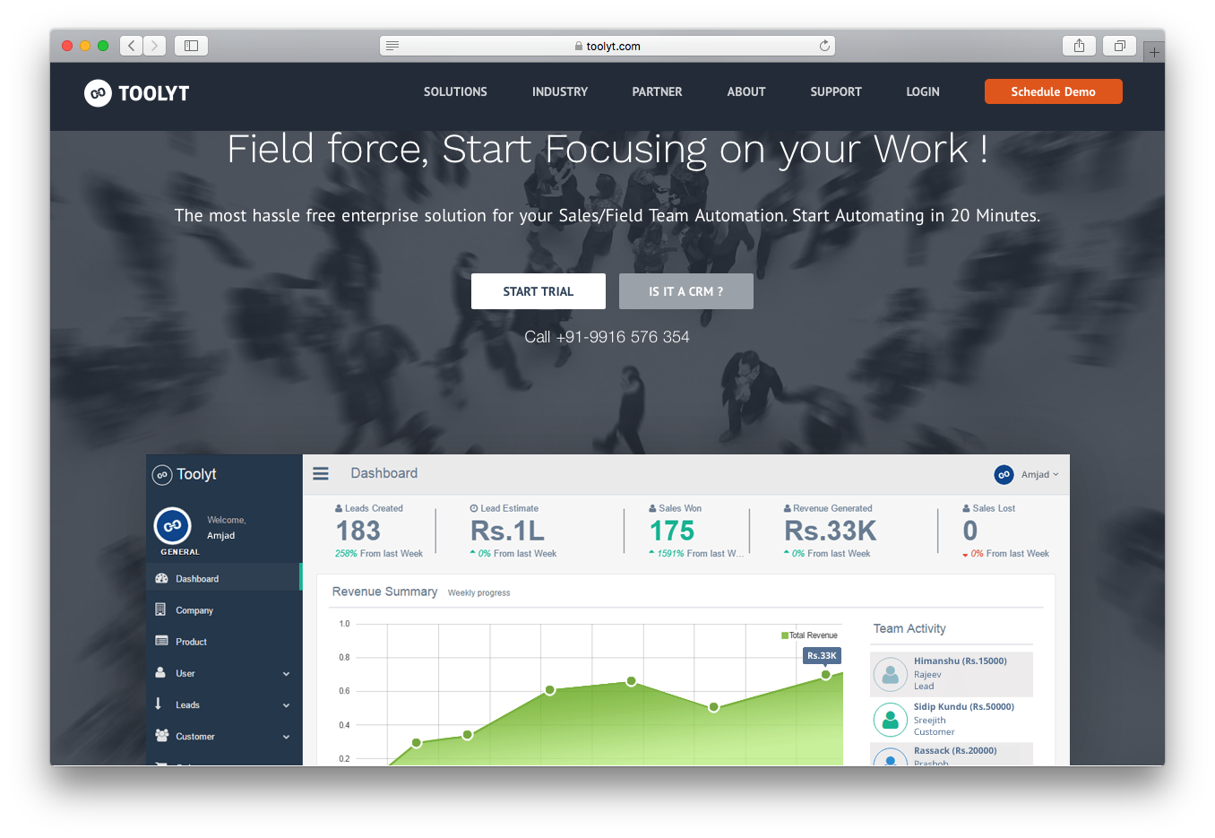 Toolyt sales field team force automation dashboard