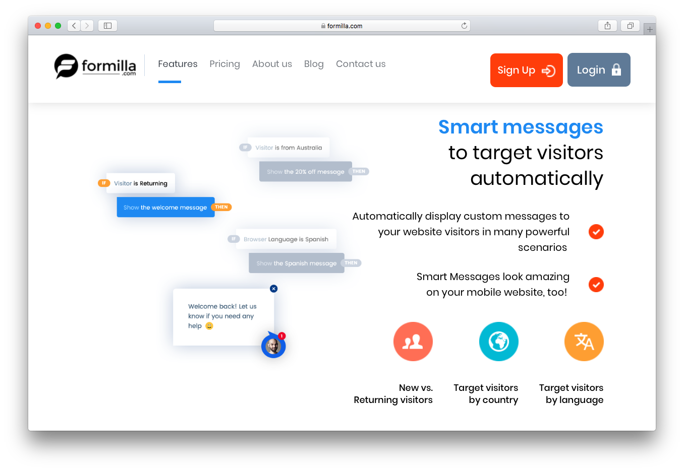 Formilla smart custom messages target visitors country language returning
