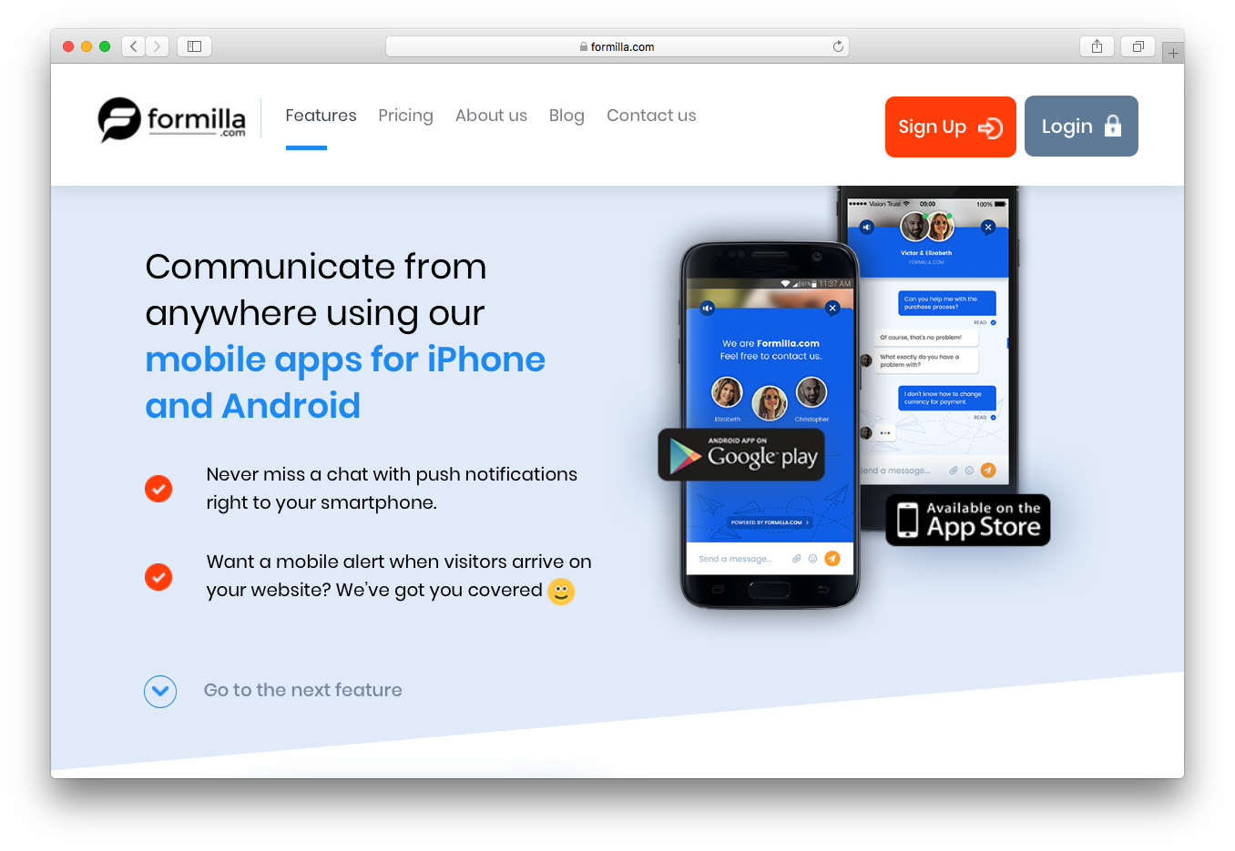 Formilla communicate anywhere mobile apps iPhone android smartphone push notifications alert