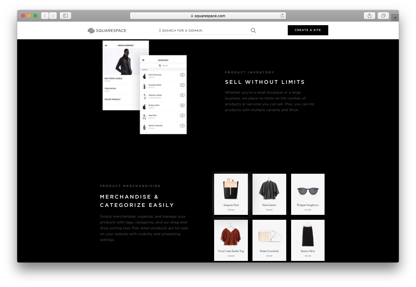 Squarespace product inventory merchandizing sell tags categories drag and drop