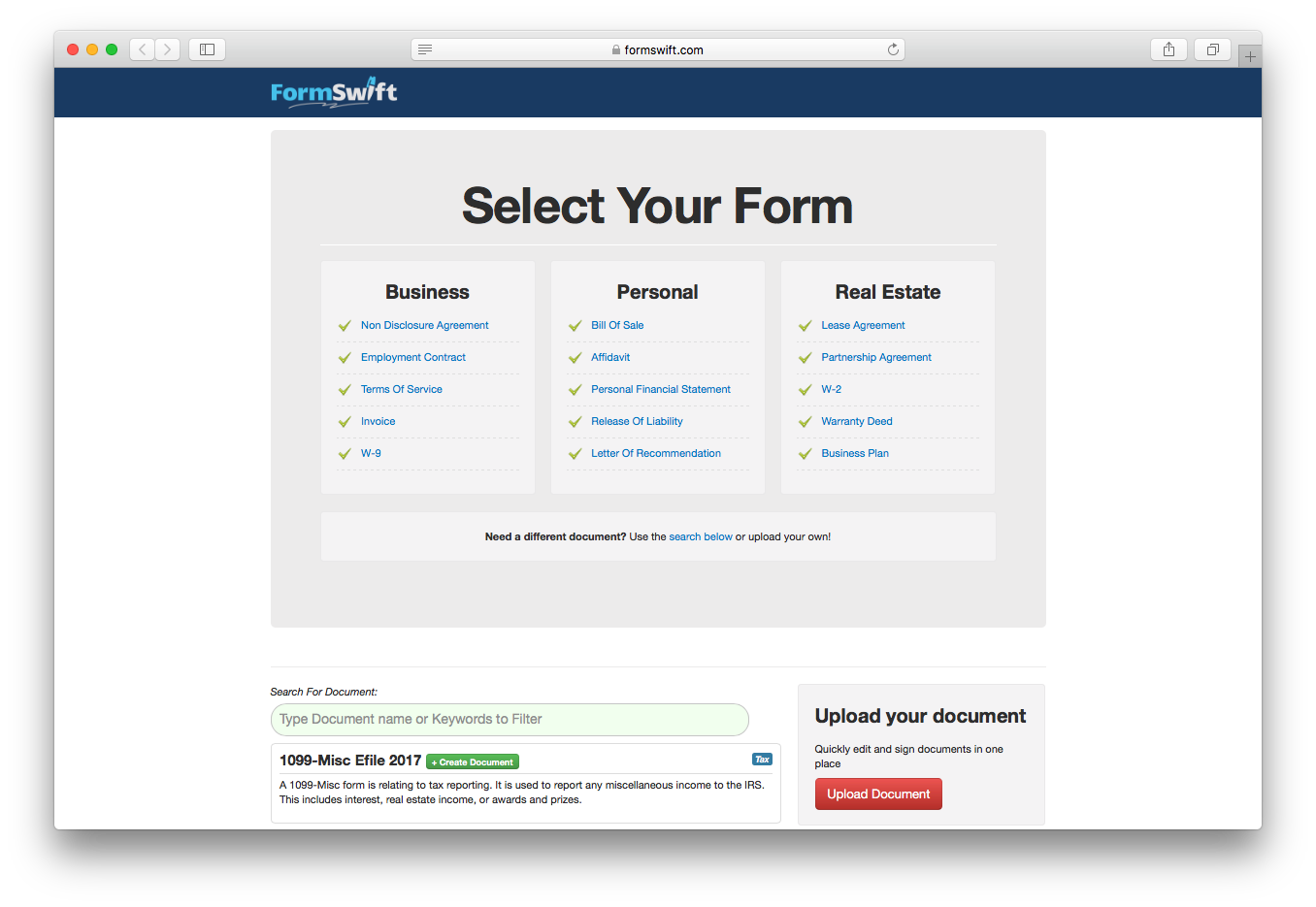 Formswift legal forms business personal real estate search upload