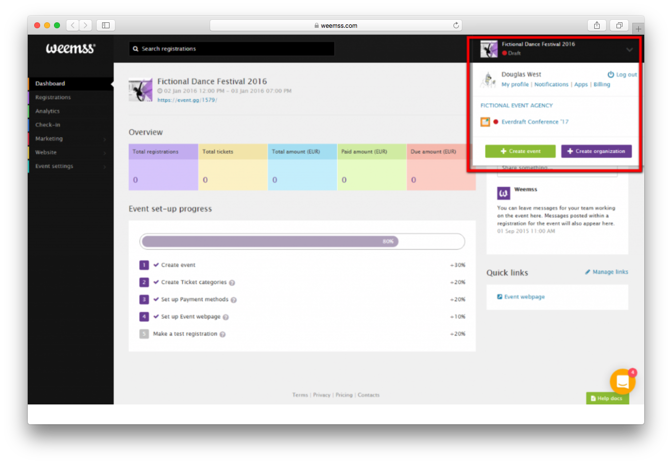 weemss event ticketing awards management workspace main menu 