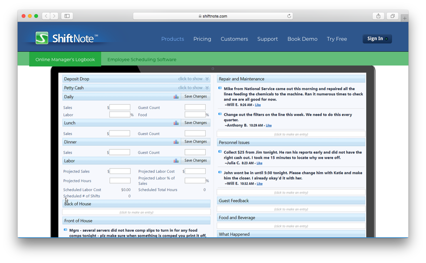 ShiftNote online task manager logbook communication log shift planning