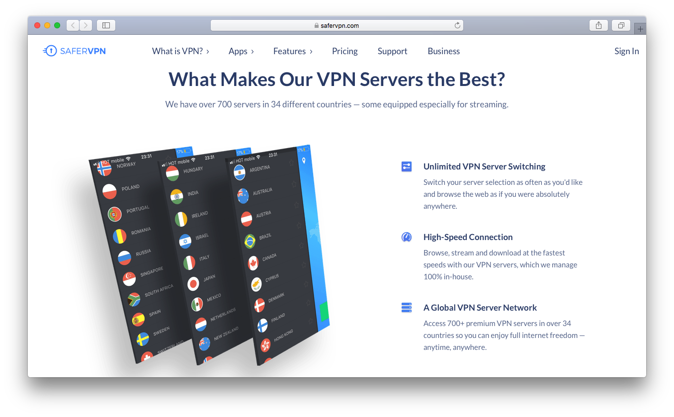 SaferVPN vpn servers unlimited switching high speed connection global network