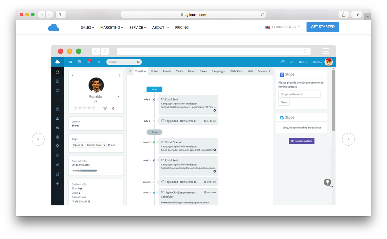 Agile CRM email contact timeline 