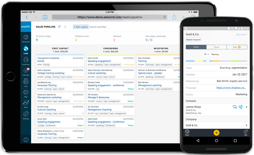 amoCRM user interface UI mobile CRM business card scanner