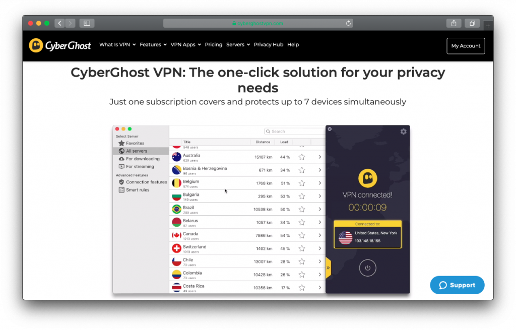 CyberGhost VPN dashboard