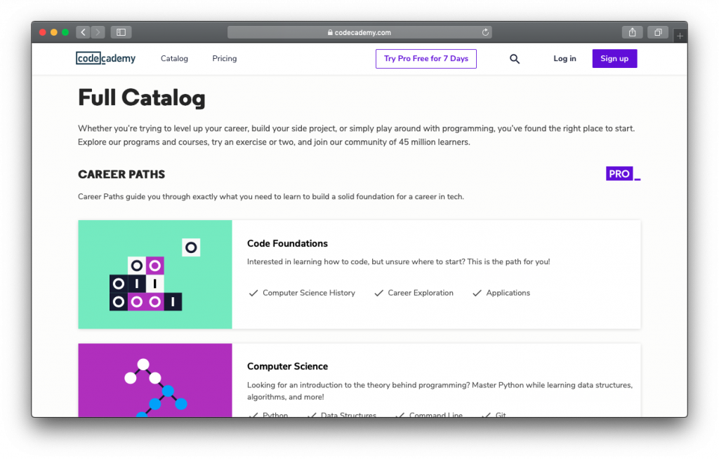 Codecademy course catalog